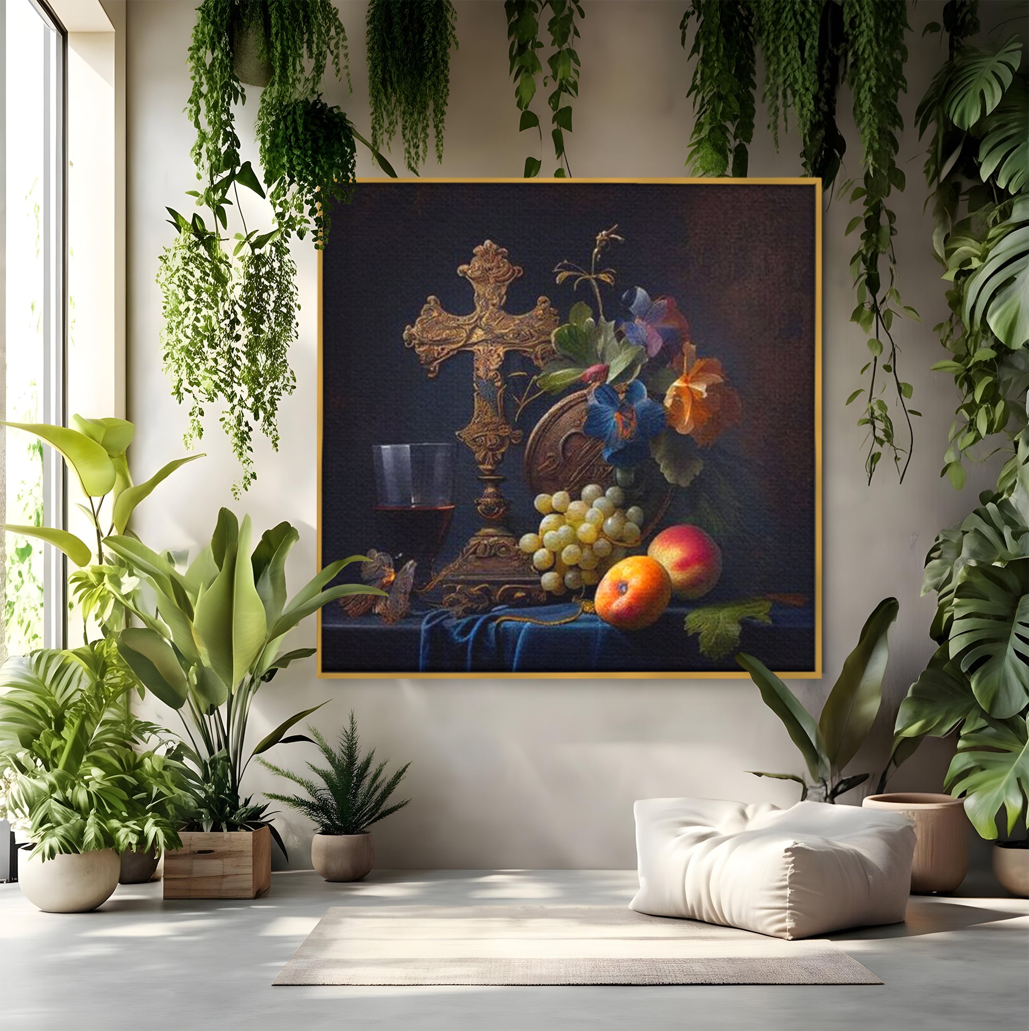 Tablou canvas cu natura statica religioasa cu cruce si fructe, in rama de aluminiu auriu